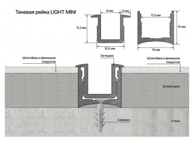 Защелка для теневой рейки LIGHT mini, под обои и панели, Черная анодированная, размер (11,3*16*3000мм).